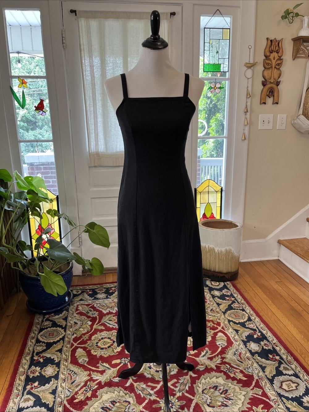 Old Navy Dress Size S Black Linen Blend Maxi Smocked Tank Sun Dress Boho